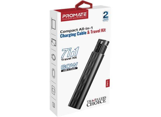Promate Perk Compact All in 1 Charging Cable and Travel Kit, Supports a USB-C Cable, 20V/3A, Versatile Card Slots, 60W Fast Charge, Black